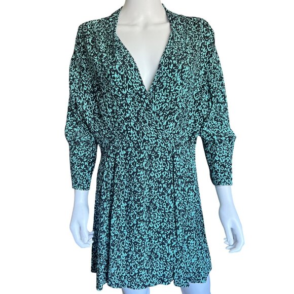 Zara Green & Black Leopard Print Long-Sleeve Wrap Dress Womens Size Large - Picture 1 of 12